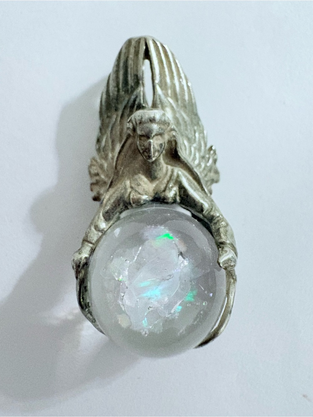Sterling Silver Angel Holding Opalescent Fire Glass Pendant
